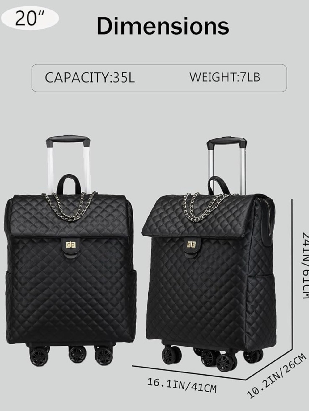 Quilted Black Rolling Tote Bag with Chain Accent